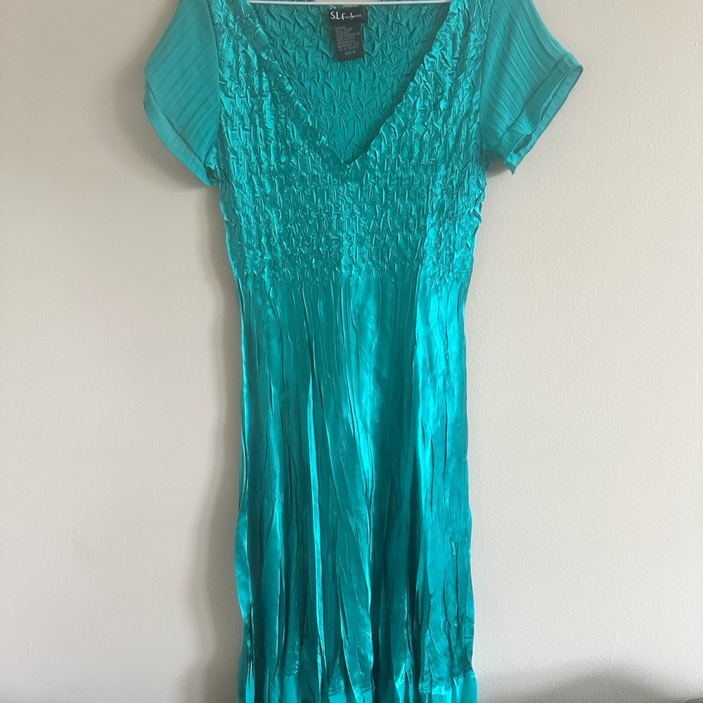 Shirred Teal Dress